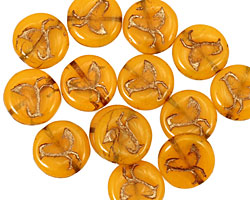 Czech Glass Amber Coin w/ Bird 11mm