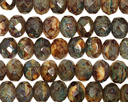 Czech Glass Midnight Forest Picasso Fire Polished Rondelle 6x9mm