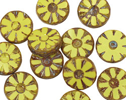 Czech Glass Vintage Chartreuse Picasso Flower Window Coin 12mm