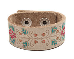 Hand Painted Natural Floral Vine Print Leather Cuff 1 1/16"