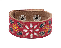 Hand Painted Red Vintage Daisy Print Leather Cuff 1 1/16"