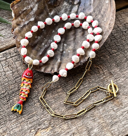 Fiery Fish & Pearl Necklace