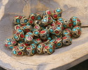 Nepalese Brass Barrel Bead w/ Coral & Turquoise Mosaic 10-11x7-8mm