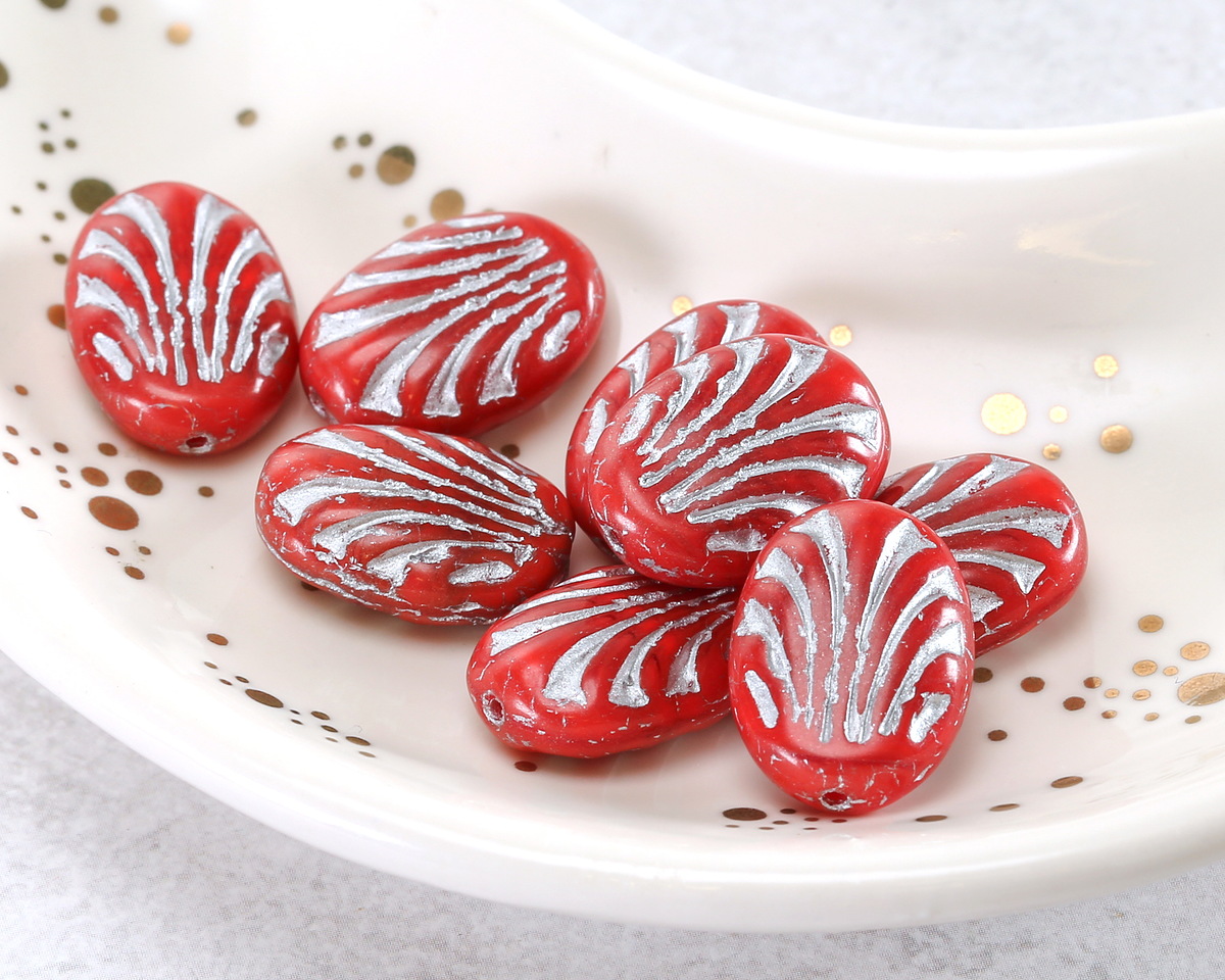 Czech Glass Cherry w/ Silver Fan Oval 17x12mm
