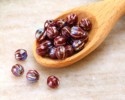 Czech Glass Dark Ruby AB w/ Copper Faceted Melon 6mm