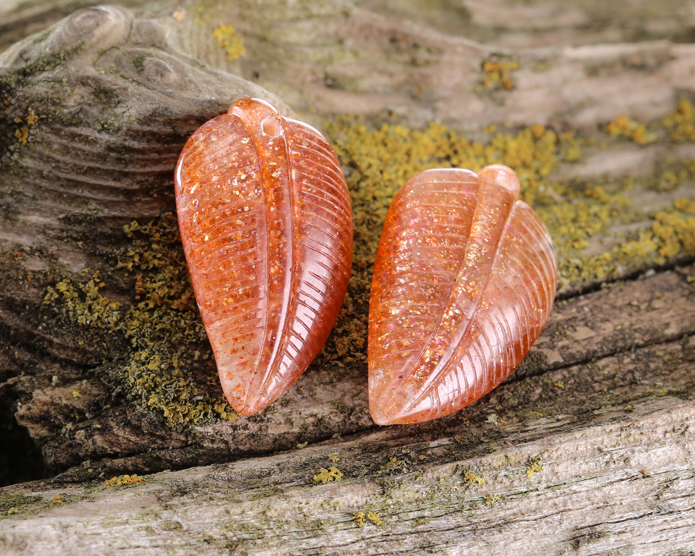 Sunstone Carved Leaf Front Drilled Focal 13-16x23-26mm