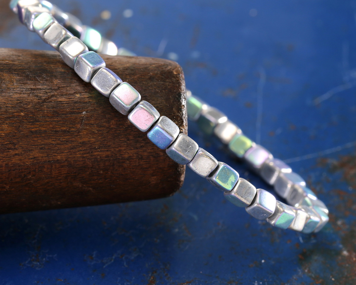 Czech Glass Antique Silver AB Cube 4mm