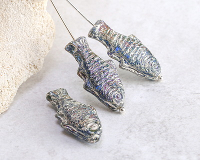 Czech Glass Pacific Blue w/ Rembrandt Finish Trout Fish Bead 24x10mm