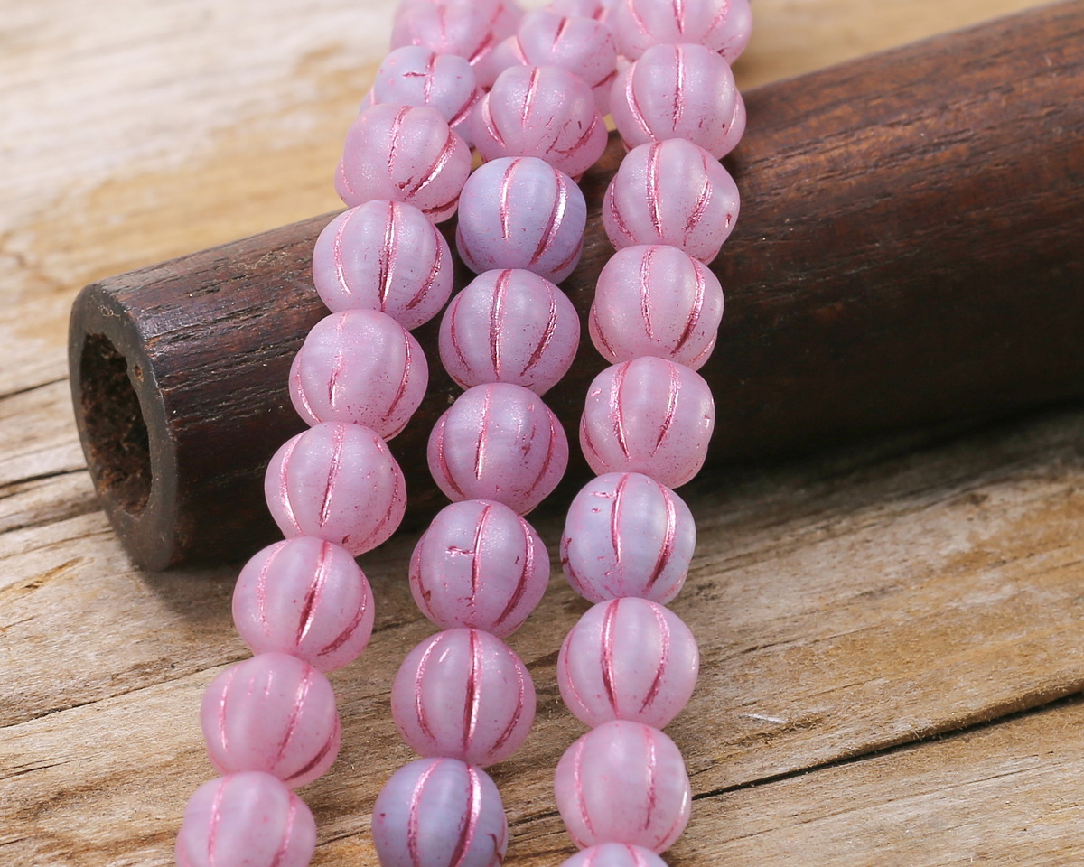 Czech Glass Matte Thistle Mix w/ Metallic Pink Melon Round 8mm