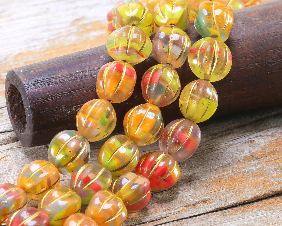 Czech Glass (German Glass) Tropical Mix w/ Gold Melon Round 10mm