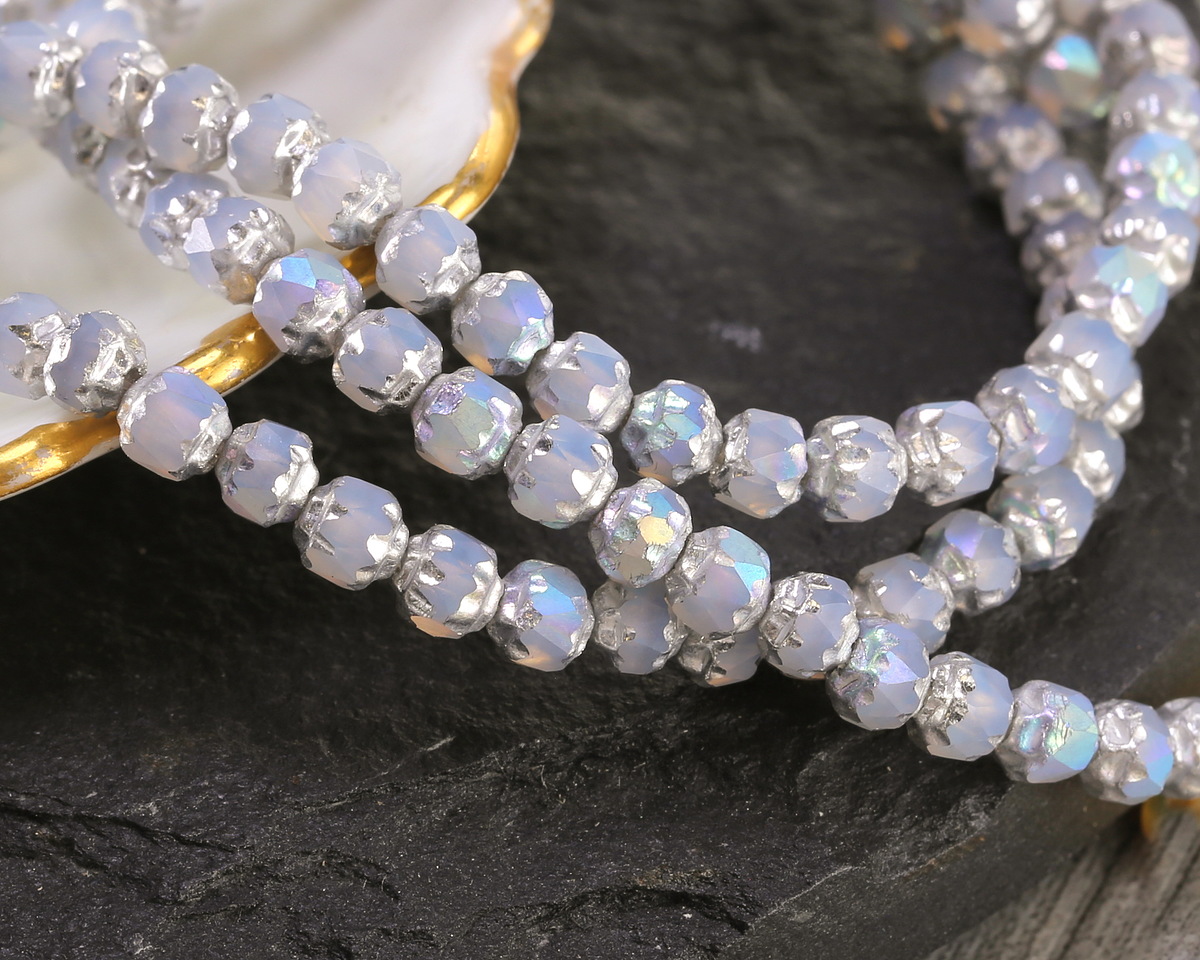 Czech Glass White Opal AB w/ Silver Lantern 4mm