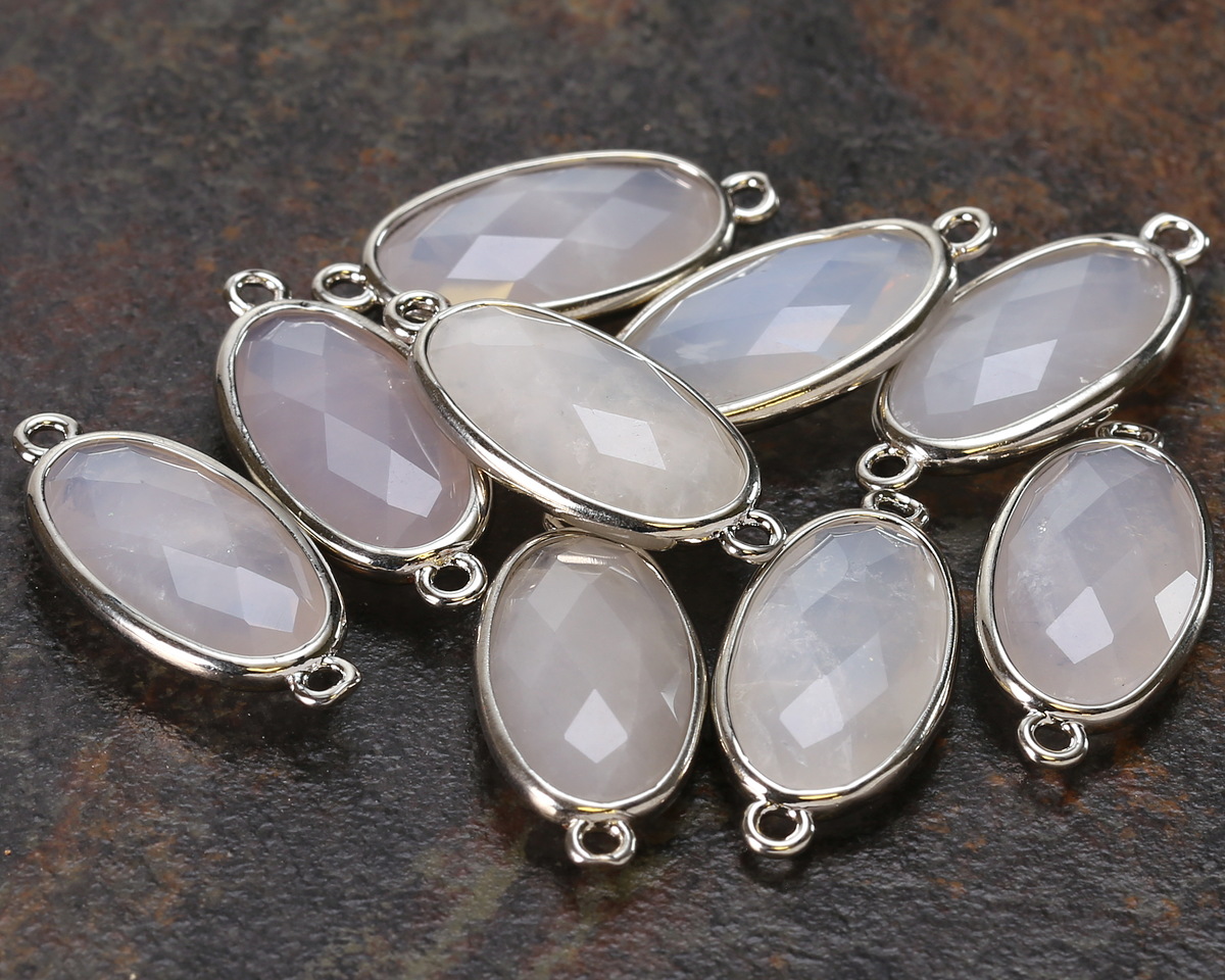 Blue Rose Quartz Faceted Puff Oval Link w/ Silver Finish Bezel 12x20mm