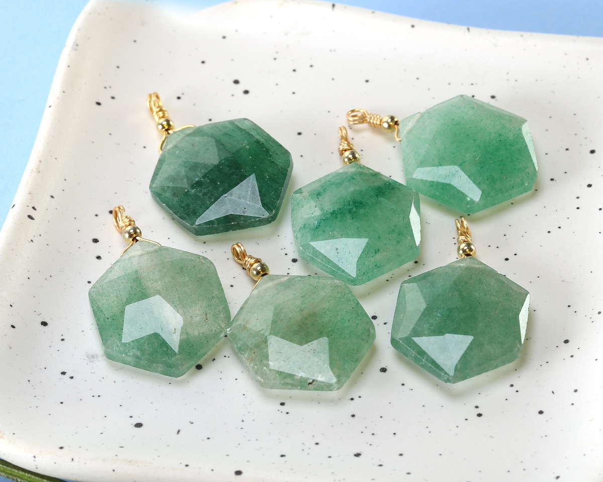Green Strawberry Quartz w/ Gold Finish Faceted Hexagon Wire Wrapped Pendant 20x25mm