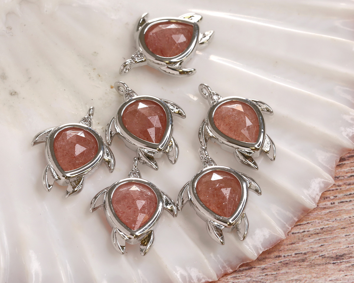 Strawberry Quartz w/ Silver Finish Sea Turtle Focal 15x19mm