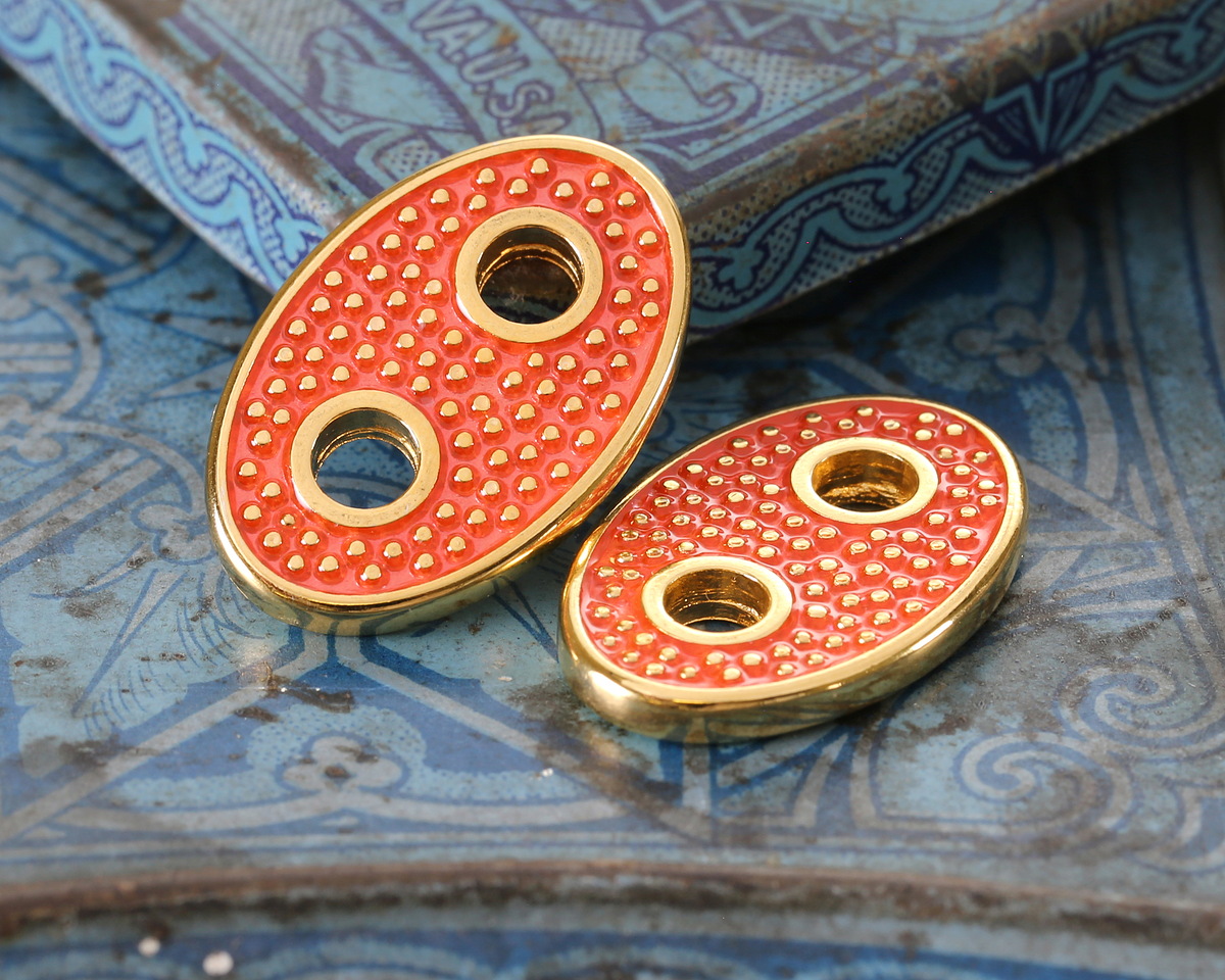 24K Gold (Plated) Guava Enamel Dotted Gold Oval Focal Link 24x16mm