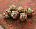 Nepalese Brass w/ Turquoise & Small Coral Dots Large Barrel Bead 15x16mm