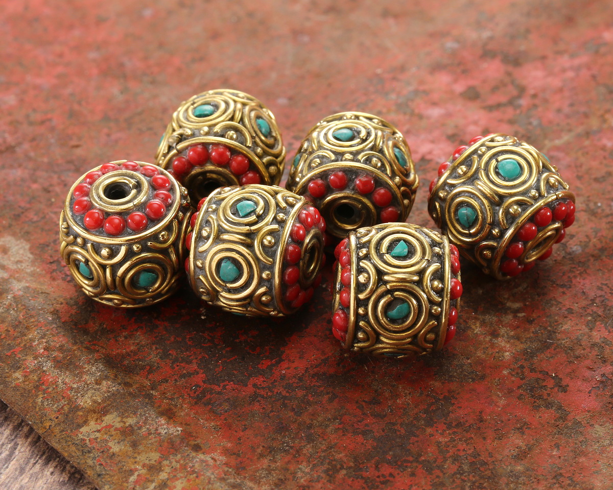 Nepalese Brass w/ Turquoise & Small Coral Dots Large Barrel Bead 15x16mm