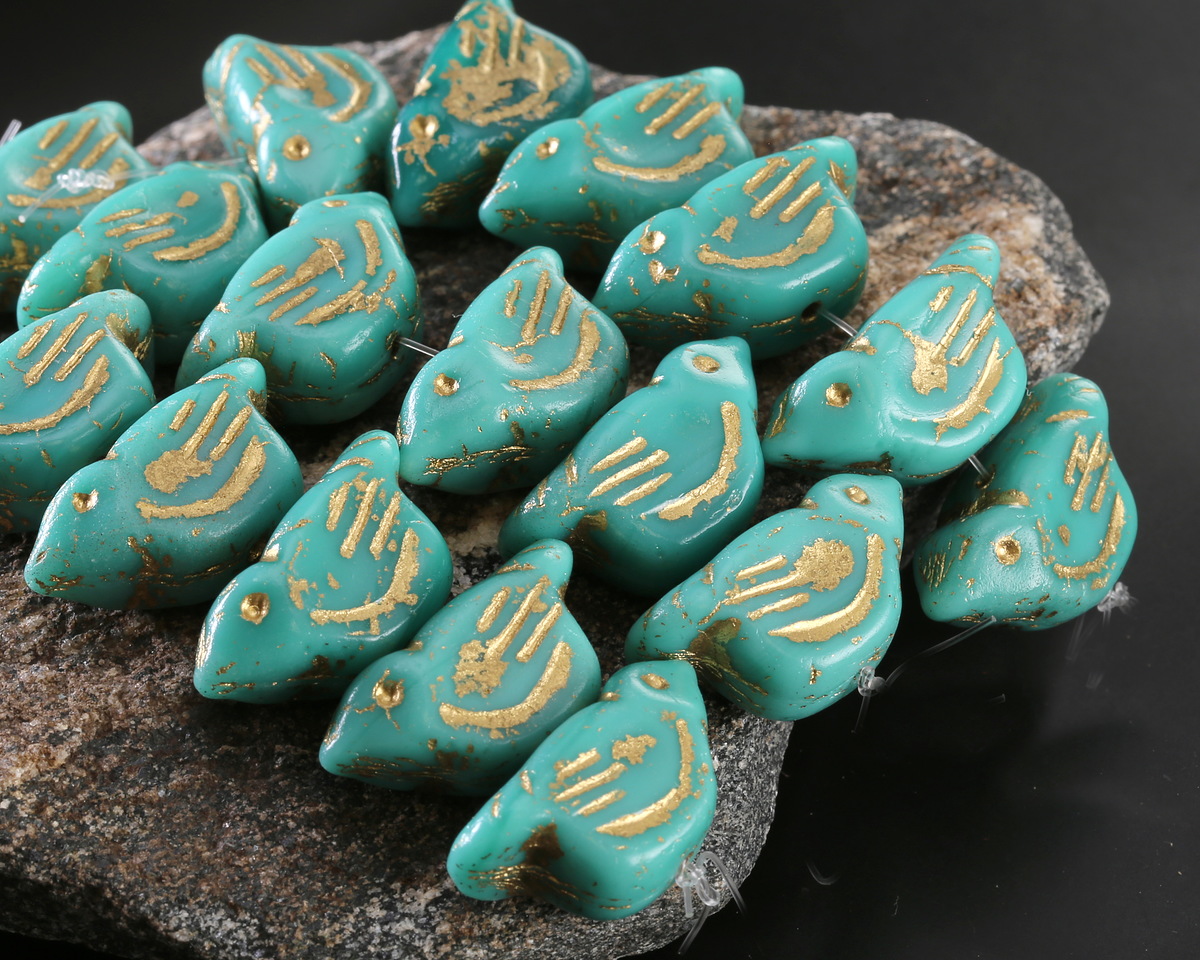 Czech Glass Turquoise w/ Gold Bird 11x22mm