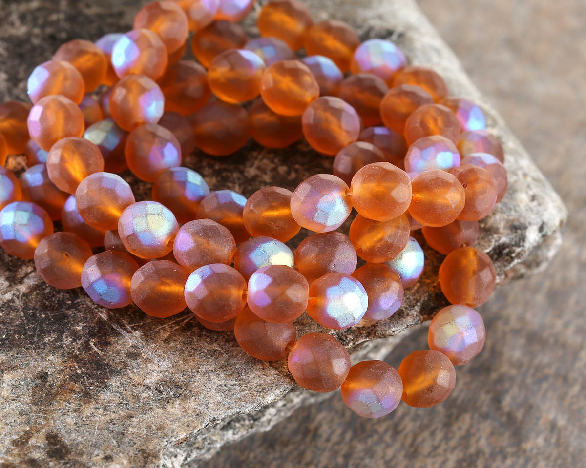 Czech Glass Matte Pumpkin AB Fire Polished Round 8mm