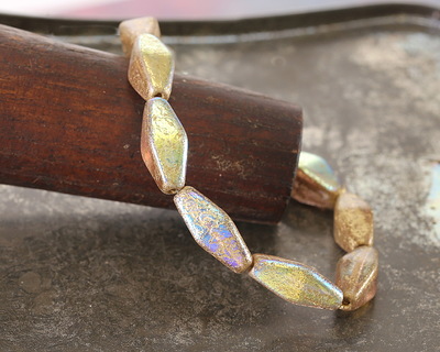 Czech Glass Textured Light Rose AB w/ Gold Rhombus 14x7mm