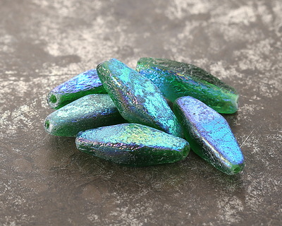Czech Glass Textured Emerald AB Rhombus 20x8mm