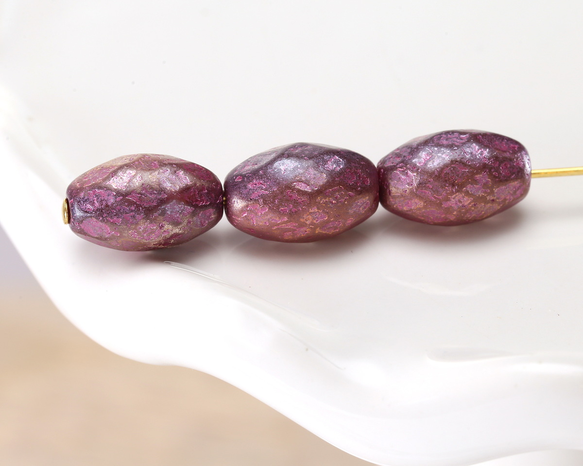 Czech Glass Etched Metallic Pink Faceted Rice 12x8mm