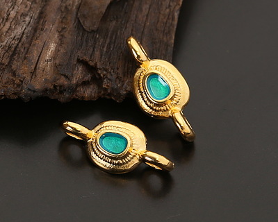 24K Gold (plated) Transparent Emerald Enamel Ornate Organic Oval Focal Link 15x7mm