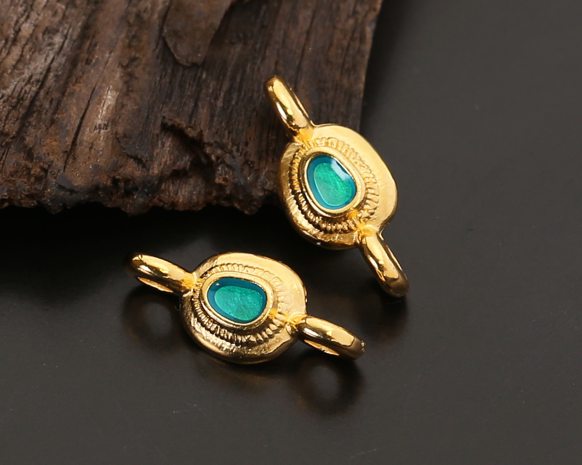 24K Gold (plated) Transparent Emerald Enamel Ornate Organic Oval Focal Link 15x7mm