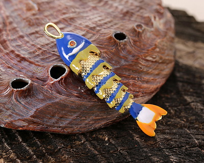 18k Gold (plated) Blue, Mustard, & Orange Enamel Articulated Fish Focal 10.5x46mm