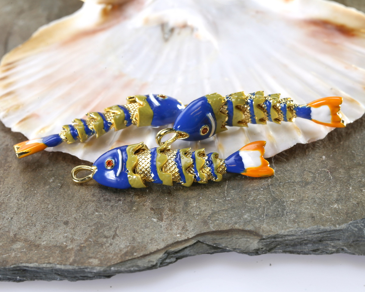 18k Gold (plated) Blue, Mustard, & Orange Enamel Articulated Fish Focal 10.5x46mm