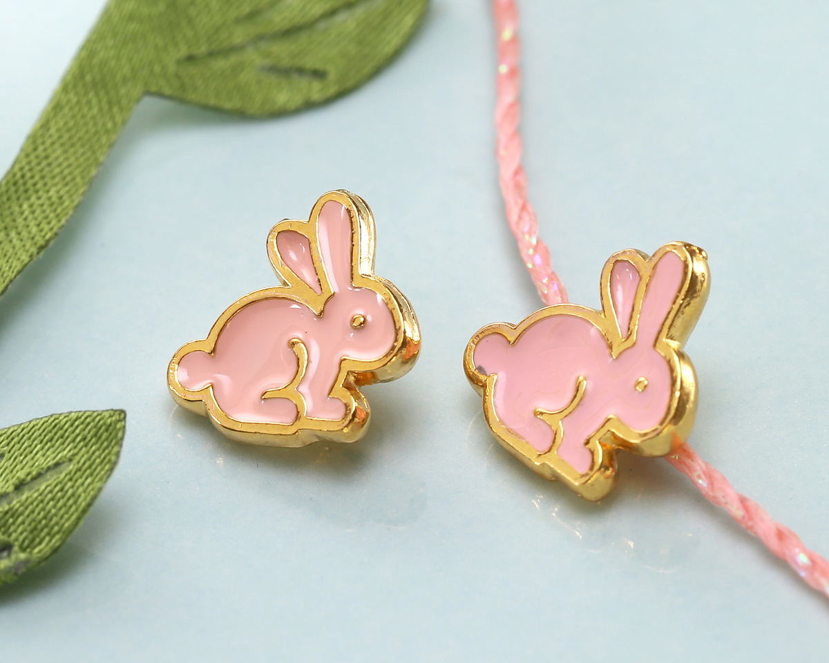 24K Gold (plated) Pink Enamel Bunny Button 11x11.5mm