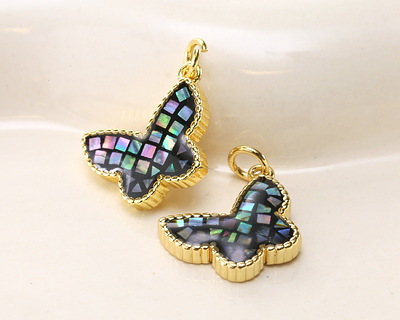 Abalone Mosaic in Enamel w/ Gold Finish Butterfly Pendant 13x16mm