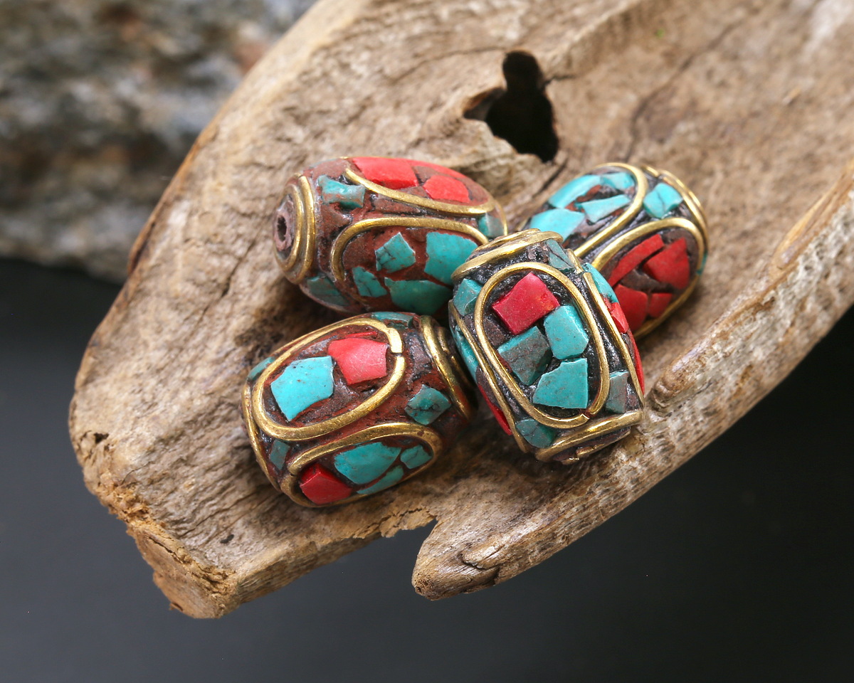 Nepalese Brass Ovals w/ Turquoise & Coral Mosaic Barrel Bead 14x10-11mm