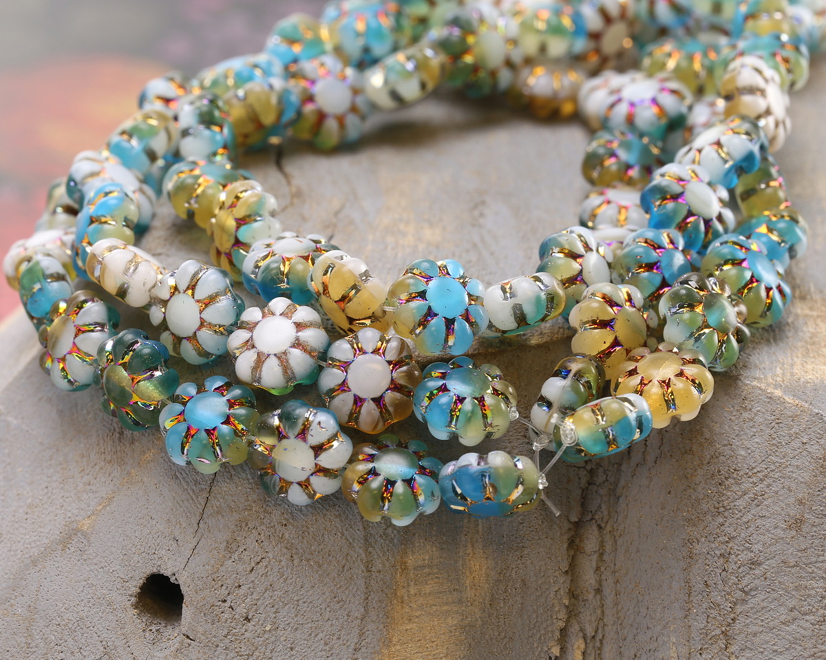 Czech Glass Sunny Coast w/ Metallic Rainbow Cactus Flower 9mm