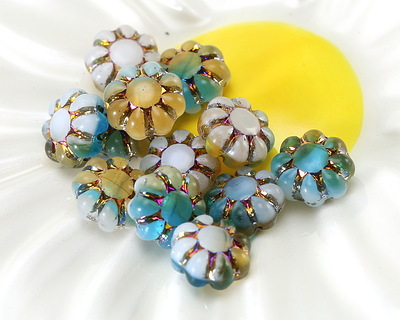 Czech Glass Sunny Coast w/ Metallic Rainbow Cactus Flower 9mm