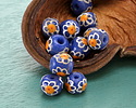African Glass (Krobo) Blue Powder-Cast Hand-Painted Daisy Round 10mm
