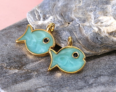 24K Gold (plated) Turquoise Pearl Enamel Fish Pendant 15mm