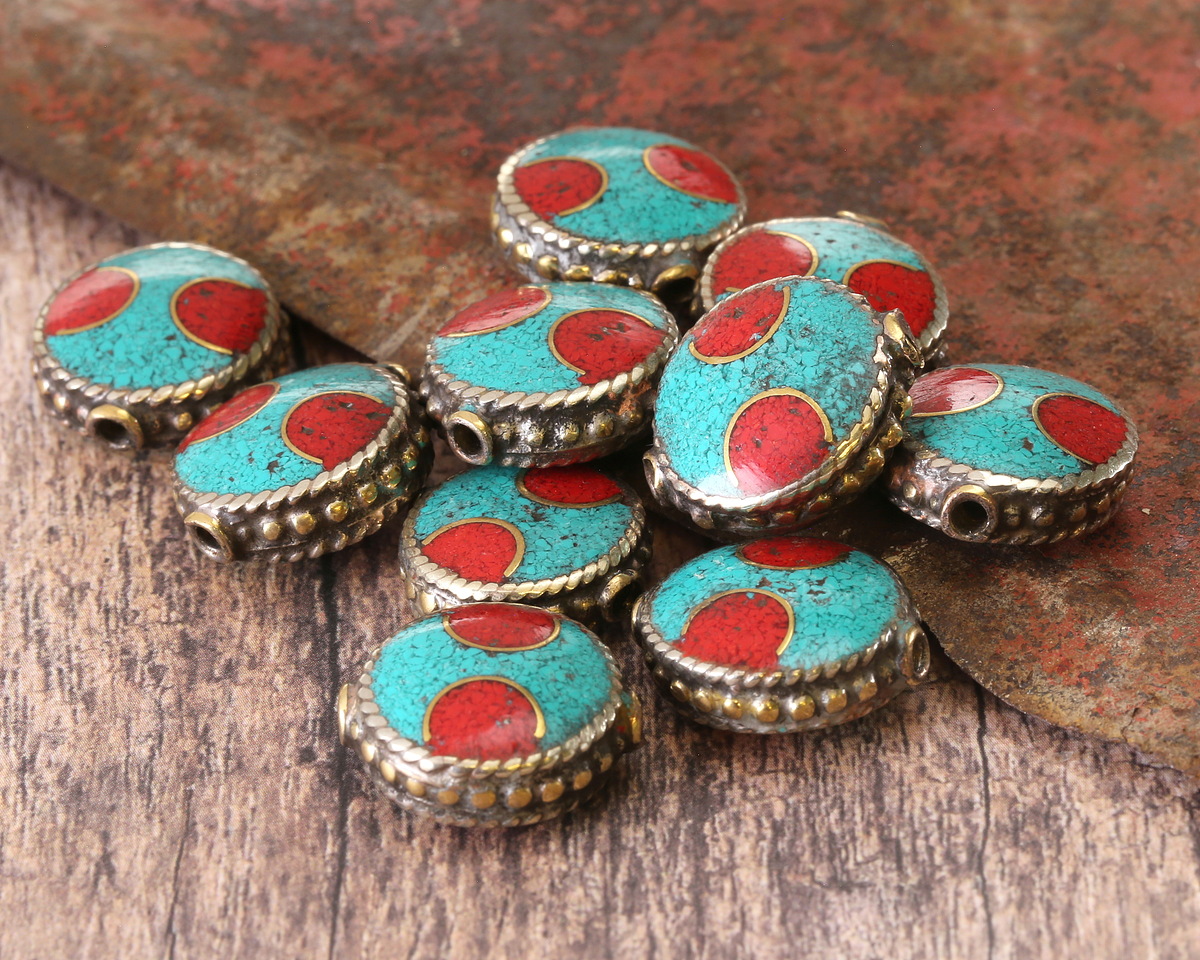 Nepalese Brass w/ Two Semi Circles in Turquoise & Coral Coin 18x16mm