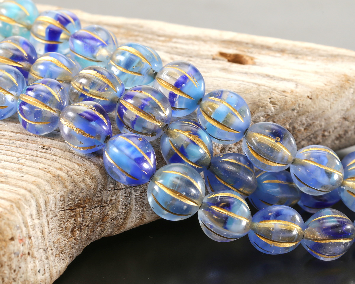 Czech Glass Blues Mix w/ Gold Melon Round 10mm