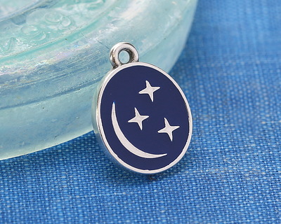 Antique Silver (plated) Cobalt Enamel Crescent Moon & Stars Oval Focal 12x16mm