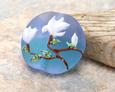 Grace Lampwork Matte Magnolia Mist Lentil Focal Bead 25mm