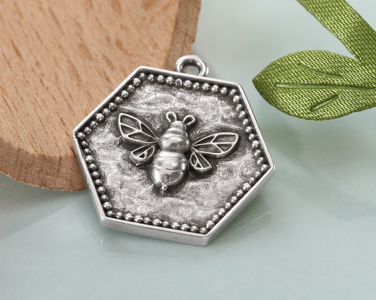 Antique Silver (plated) Hexagon Bee Seal Focal 21x22mm
