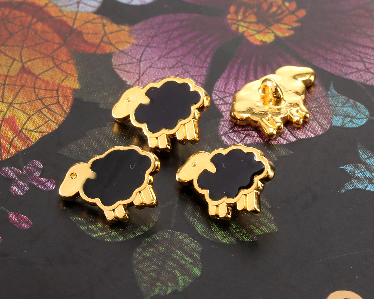 24K Gold (plated) Black Enamel Sheep Button 13x10mm