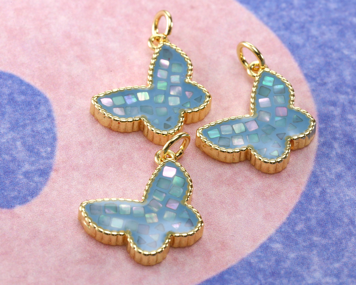 Mother of Pearl in Aqua Enamel w/ Gold Finish Butterfly Pendant 13x16mm