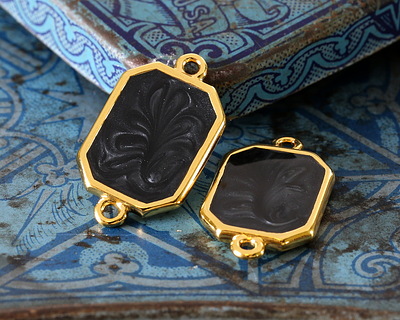 24K Gold (Plated) Jet Pearl Enamel Octagon Focal Link 22x12mm