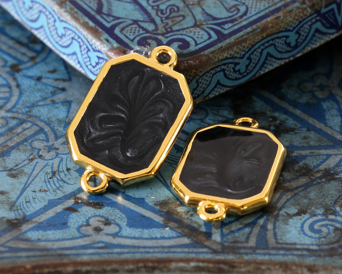 24K Gold (Plated) Jet Pearl Enamel Octagon Focal Link 22x12mm