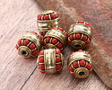 Nepalese Brass Bands w/ Coral Dots Large Barrel Bead 17-18x16mm