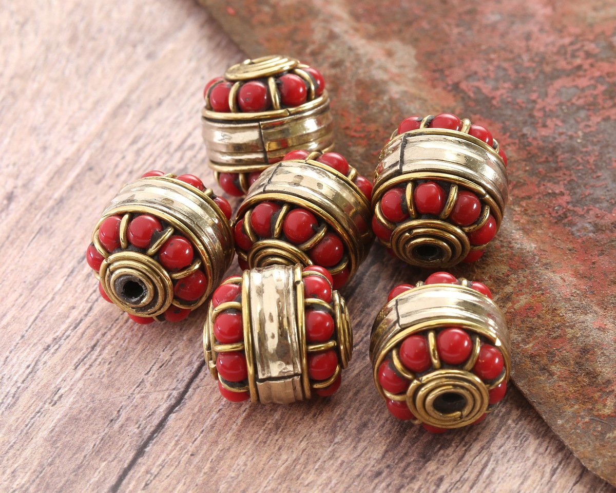 Nepalese Brass Bands w/ Coral Dots Large Barrel Bead 17-18x16mm
