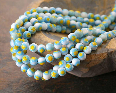 Millefiori Glass White w/ Turquoise & Yellow Flower Round 6mm