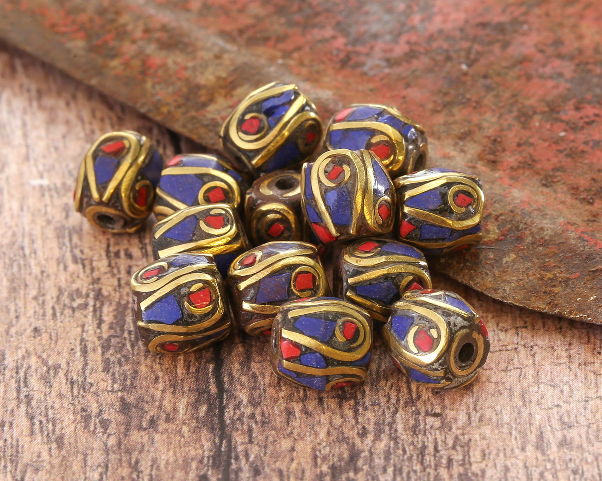 Nepalese Brass Bead w/ Coral Dots & Lapis Mosaic Plumes 8x9mm